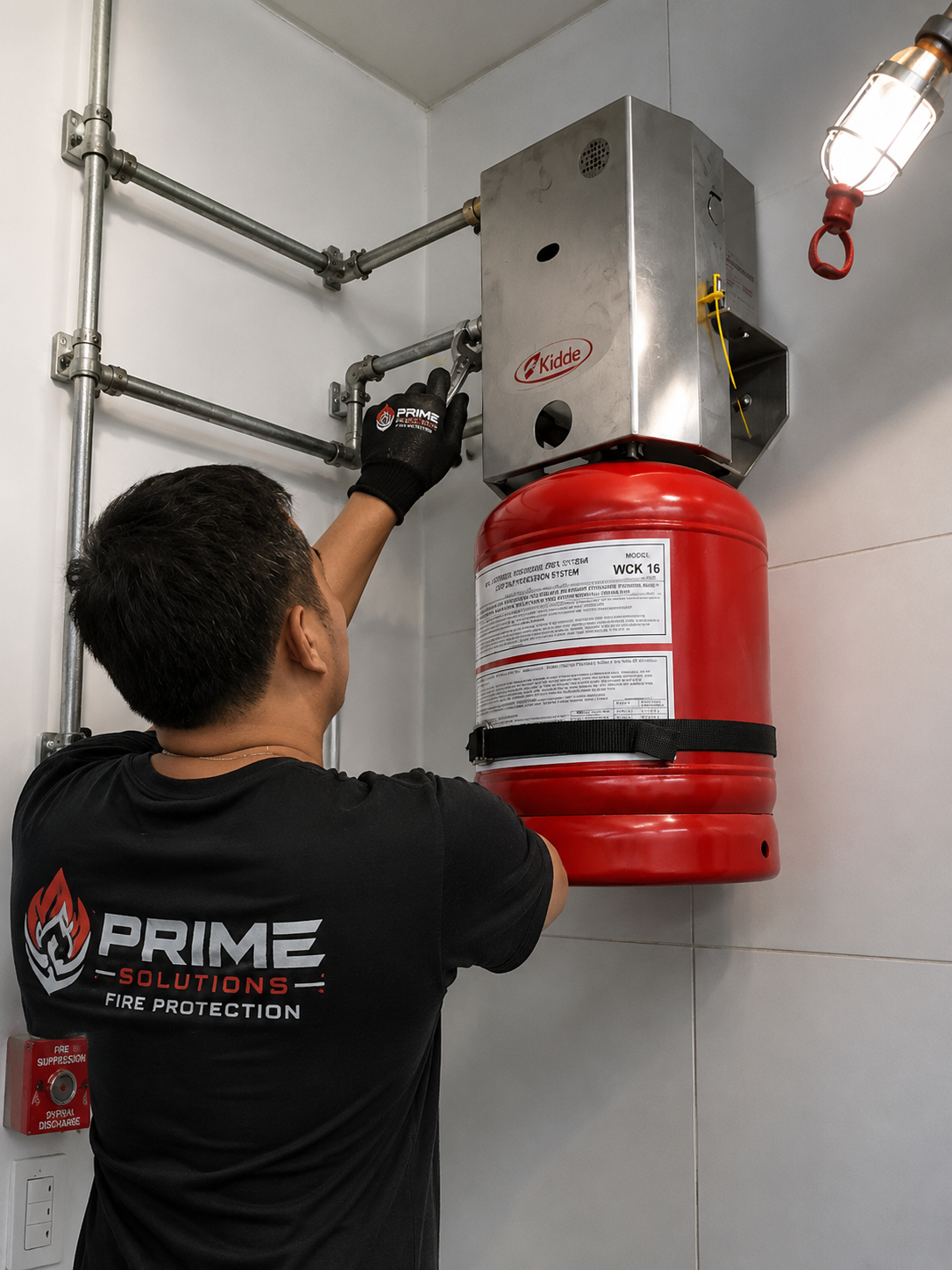 Kitchen hood suppression tank and control installation
