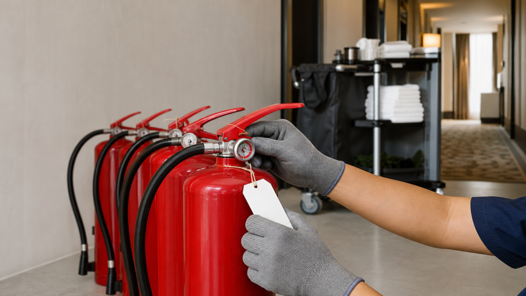 Technician checking hotel fire extinguishers lined up for servicing in a back-of-house corridor