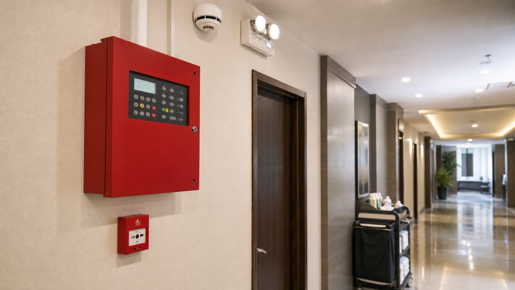 Fire alarm panel and detector installed in a Northern Luzon hotel corridor.